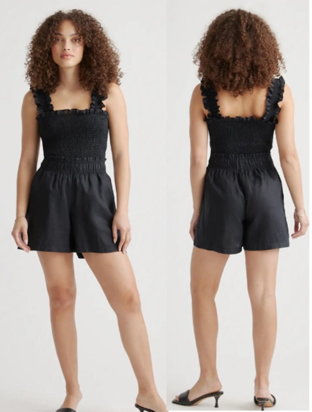 Quince 100% European Linen Smocked High Wasted Shorts Black Size Medium